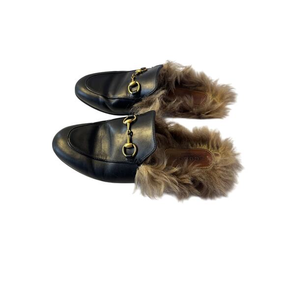 Gucci Princetown Black Leather Fur Lined Horsebit Mules Size 5.5 Designer Italy - Picture 4 of 7